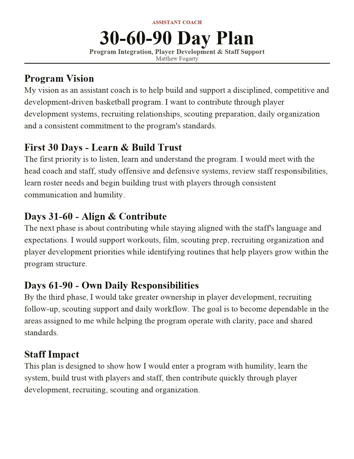Assistant coach 30-60-90 day plan document preview