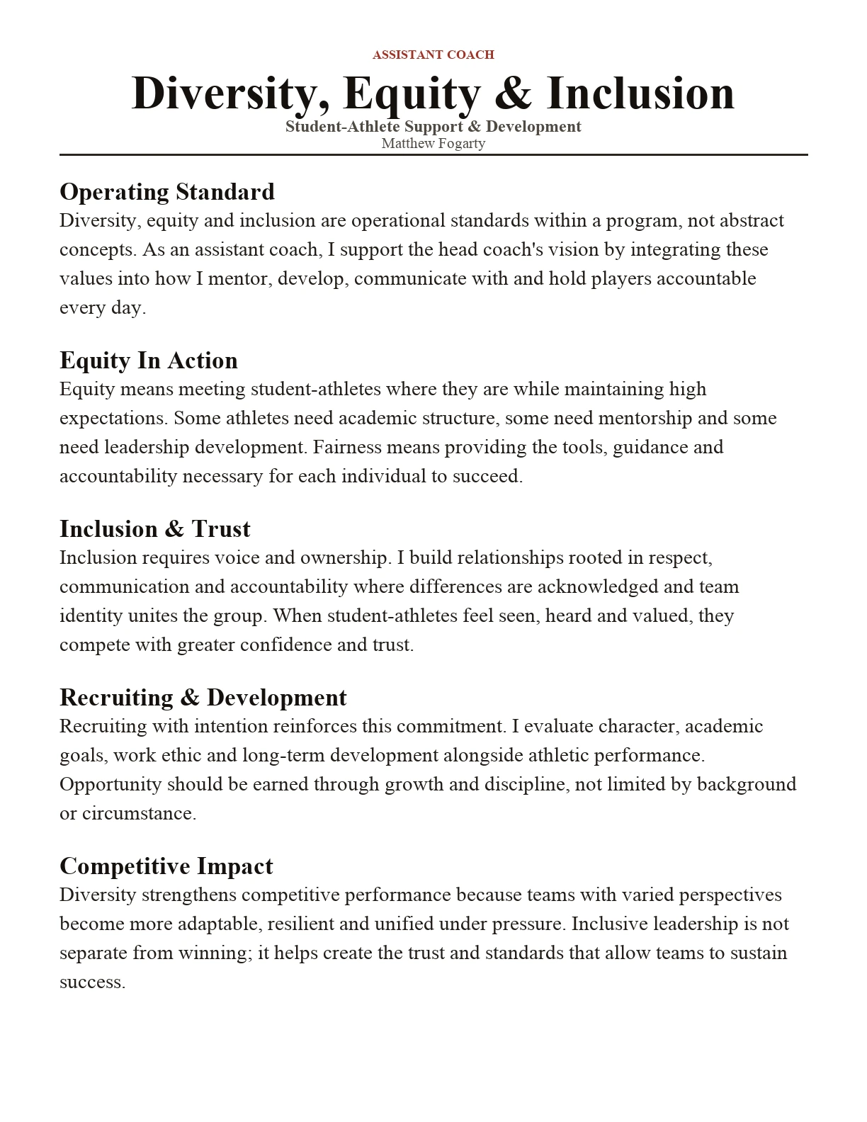 Assistant coach DEI statement document preview