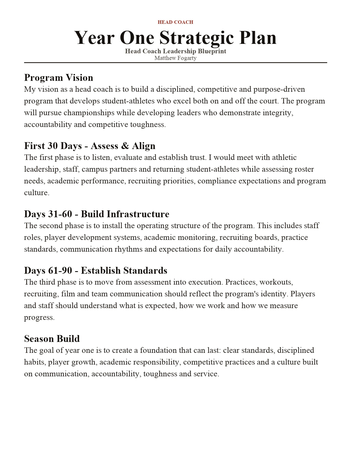 Head coach year one strategic plan document preview